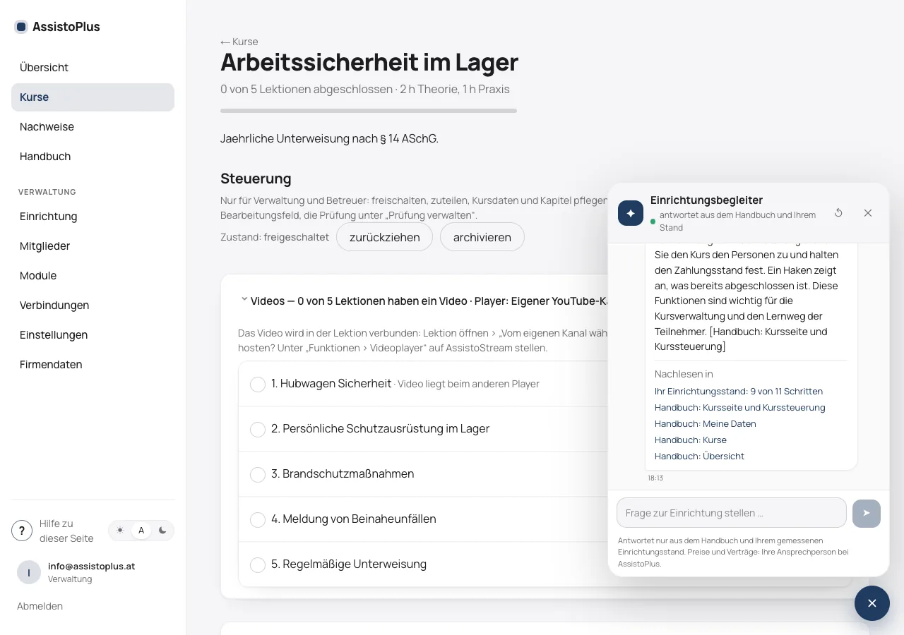 Kursseite mit geöffnetem Einrichtungsbegleiter