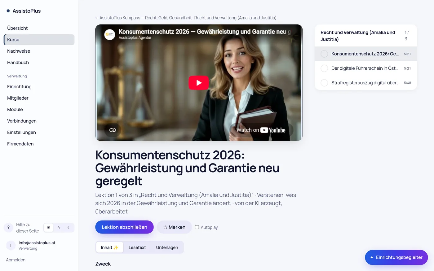 Lektionsseite mit Video, Lesetext und Lernbegleiter