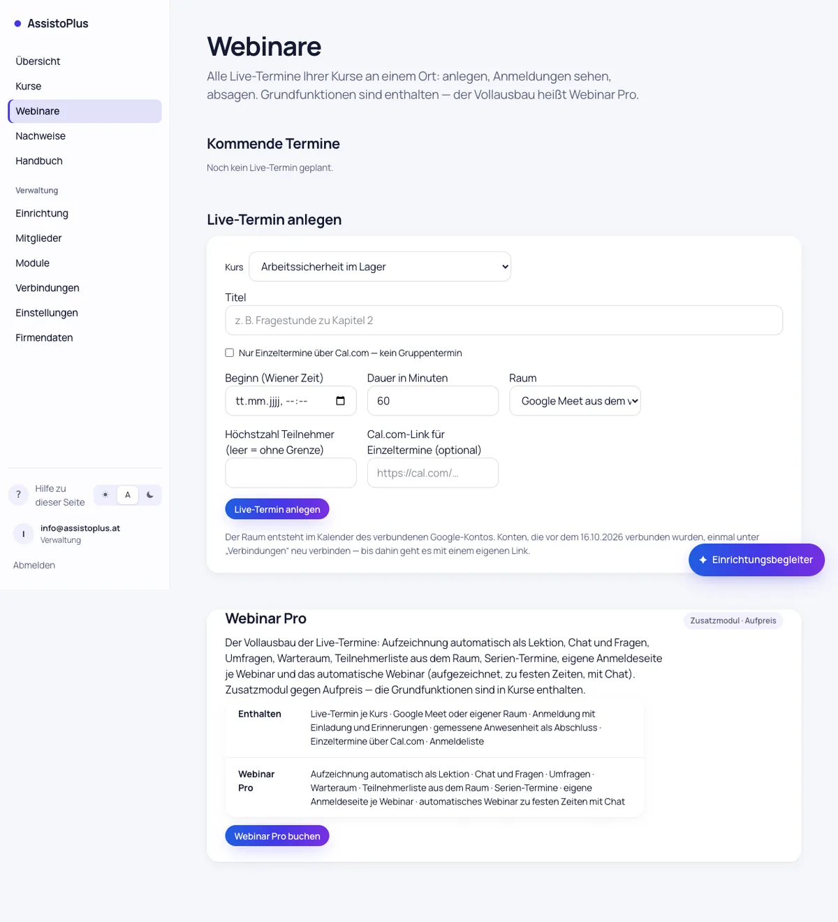 Bereich Webinare: kommende Termine, Live-Termin anlegen, Zusatz Webinar