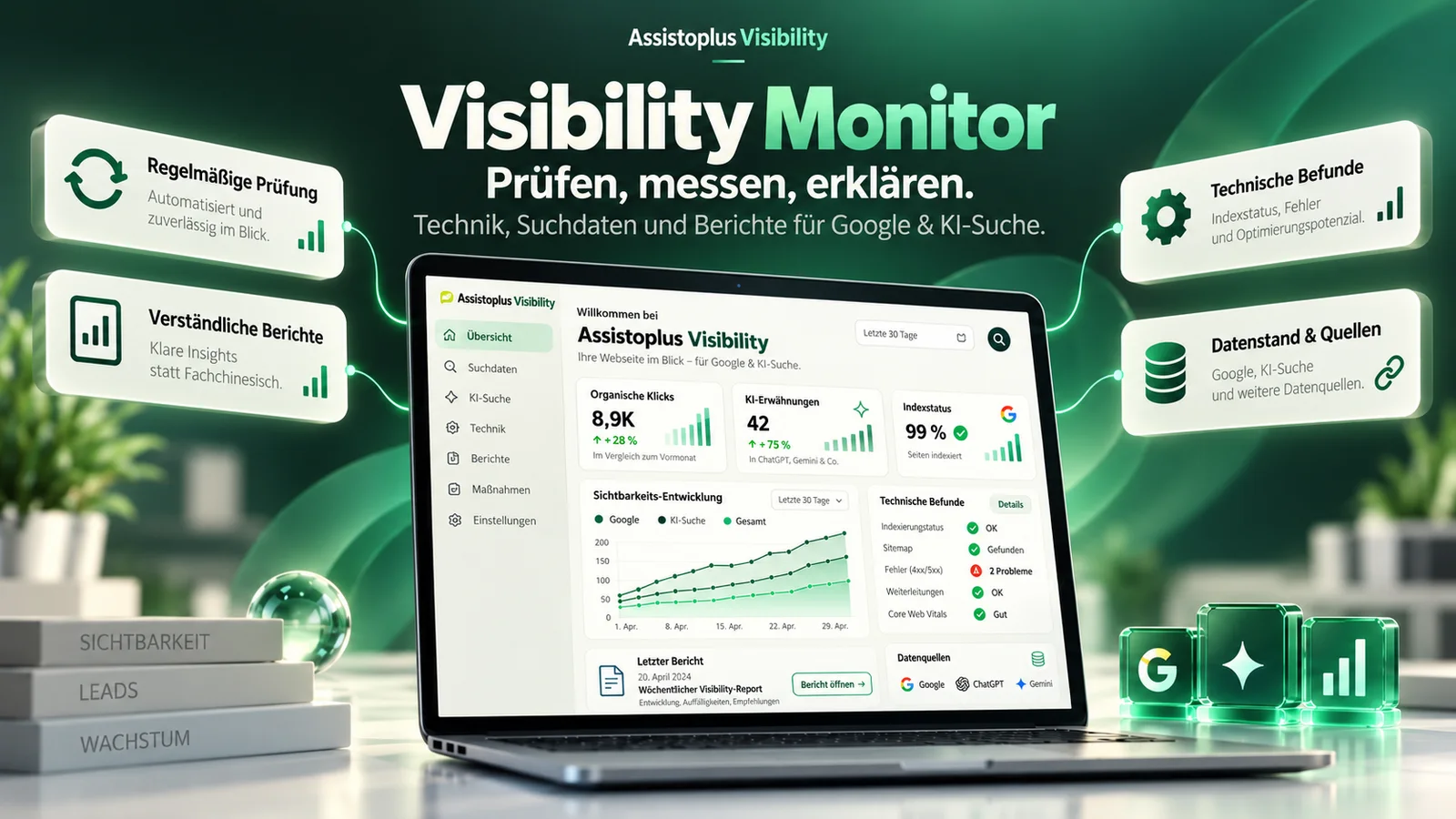 Assistoplus Visibility Monitor — prüfen, messen, erklären: Technik, Suchdaten und Berichte für Google und KI-Suche